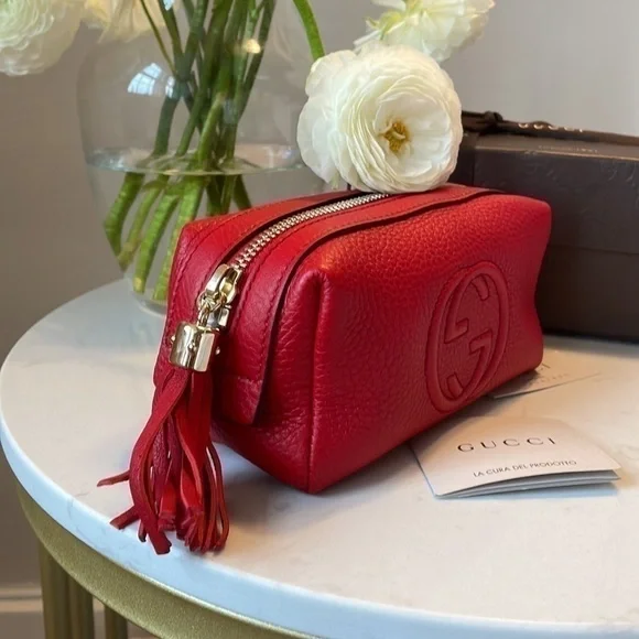 ❤️ NWT Gucci Authentic Cosmetic Bag Red Leather with Gucci Logo - Picture 6 of 10